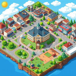 A detailed pixel art city map featuring a large school building at the center, surrounded by various commercial establishments, colorful houses, and a vibrant playground