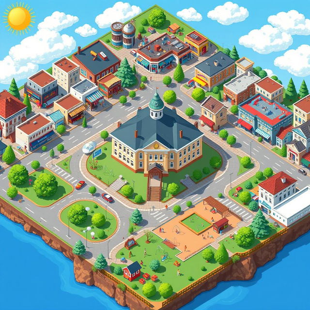 A detailed pixel art city map featuring a large school building at the center, surrounded by various commercial establishments, colorful houses, and a vibrant playground