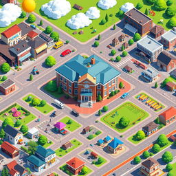 A detailed pixel art city map featuring a large school building at the center, surrounded by various commercial establishments, colorful houses, and a vibrant playground