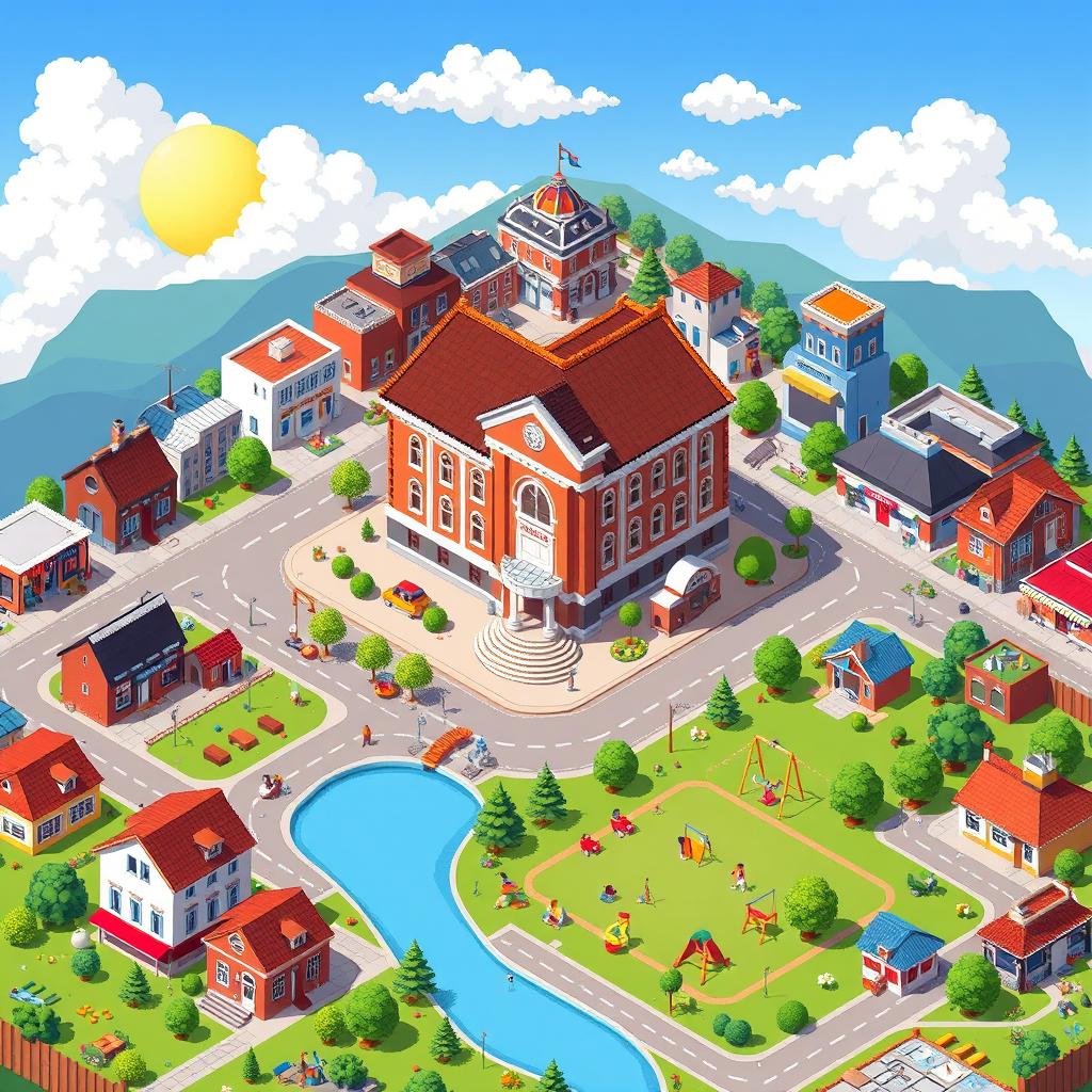 A detailed pixel art city map featuring a large school building at the center, surrounded by various commercial establishments, colorful houses, and a vibrant playground