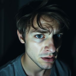 A 25-year-old man with a strikingly white eye and a look of fear on his face