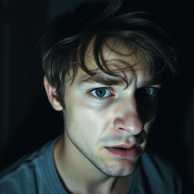 A 25-year-old man with a strikingly white eye and a look of fear on his face