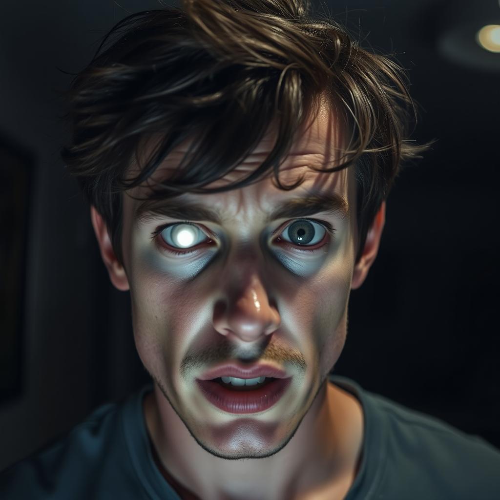 A 25-year-old man with a strikingly white eye and a look of fear on his face