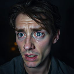 A 25-year-old man with a strikingly white eye and a look of fear on his face