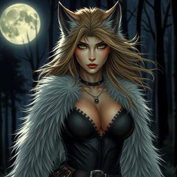 A mesmerizing 21-year-old female werewolf with captivating green eyes, radiating confidence and fearlessness as she roams the night