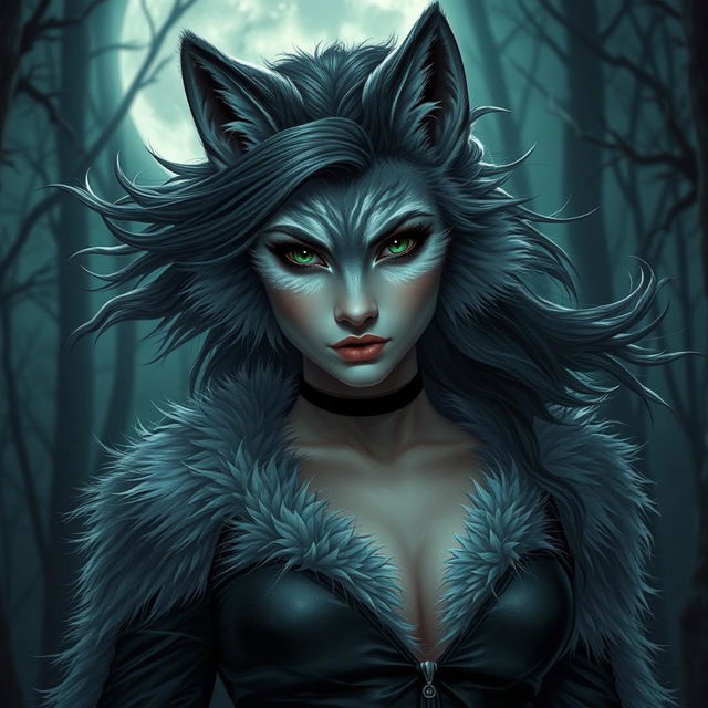 A mesmerizing 21-year-old female werewolf with captivating green eyes, radiating confidence and fearlessness as she roams the night