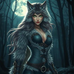 A mesmerizing 21-year-old female werewolf with captivating green eyes, radiating confidence and fearlessness as she roams the night