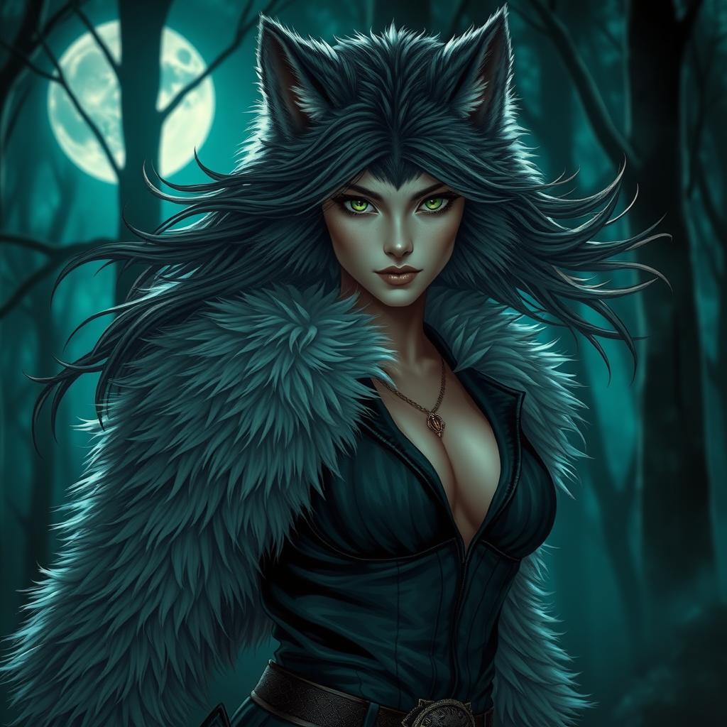 A mesmerizing 21-year-old female werewolf with captivating green eyes, radiating confidence and fearlessness as she roams the night