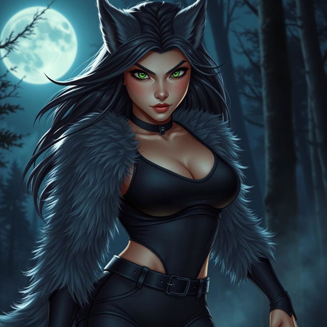 A stunning 21-year-old female werewolf with captivating green eyes, exuding confidence and fearlessness as she roams the night