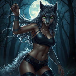 A stunning 21-year-old female werewolf with captivating green eyes, exuding confidence and fearlessness as she roams the night
