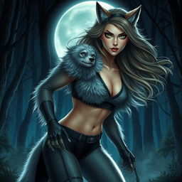 A stunning 21-year-old female werewolf with captivating green eyes, exuding confidence and fearlessness as she roams the night