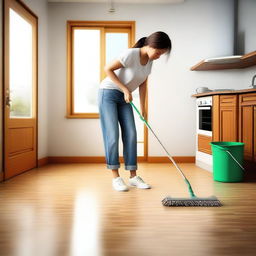 A high-quality digital art image depicting a scene of someone mopping the floor in a home setting