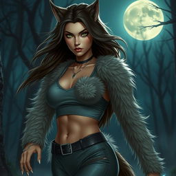 A stunning 21-year-old female werewolf with captivating green eyes, exuding confidence and fearlessness as she roams the night