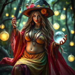 A mystical gypsy witch, adorned in vibrant, colorful garments that flow elegantly around her