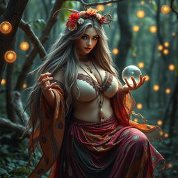 A mystical gypsy witch, adorned in vibrant, colorful garments that flow elegantly around her