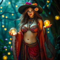 A mystical gypsy witch, adorned in vibrant, colorful garments that flow elegantly around her