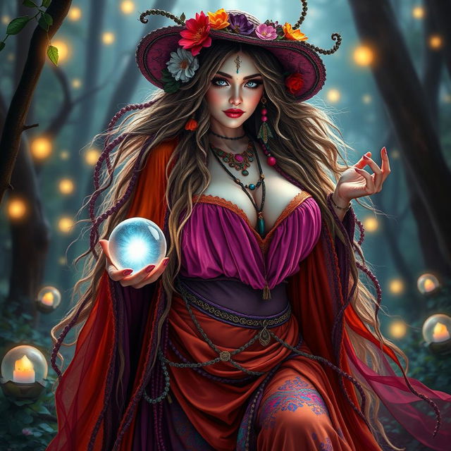 A mystical gypsy witch, adorned in vibrant, colorful garments that flow elegantly around her