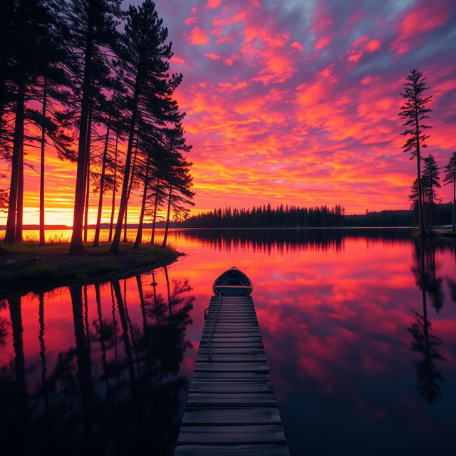 A serene landscape depicting a vibrant sunset over a peaceful lake, surrounded by tall pine trees