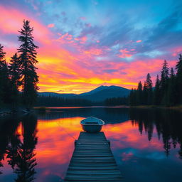A serene landscape depicting a vibrant sunset over a peaceful lake, surrounded by tall pine trees