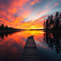 A serene landscape depicting a vibrant sunset over a peaceful lake, surrounded by tall pine trees