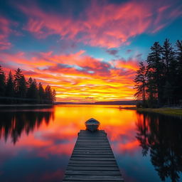 A serene landscape depicting a vibrant sunset over a peaceful lake, surrounded by tall pine trees