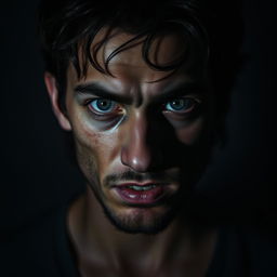 A 25-year-old young man with striking white pupils, creating an unsettling and mysterious appearance