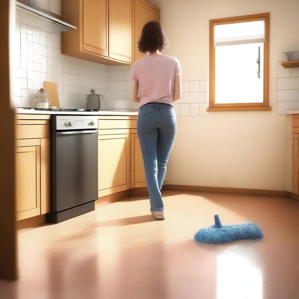 A high-quality digital art image depicting a scene of someone mopping the floor in a home setting