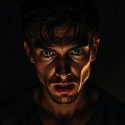 A 25-year-old young man with striking white pupils, creating an unsettling and mysterious appearance
