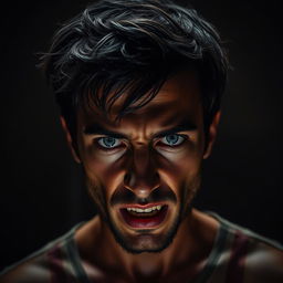 A 25-year-old young man with striking white pupils, creating an unsettling and mysterious appearance