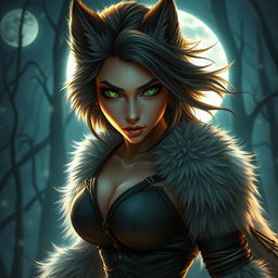 A captivating female werewolf with striking green eyes, exuding confidence and fearlessness as she roams the night