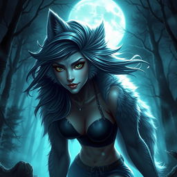 A captivating female werewolf with striking green eyes, exuding confidence and fearlessness as she roams the night