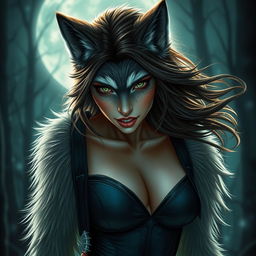 A captivating female werewolf with striking green eyes, exuding confidence and fearlessness as she roams the night