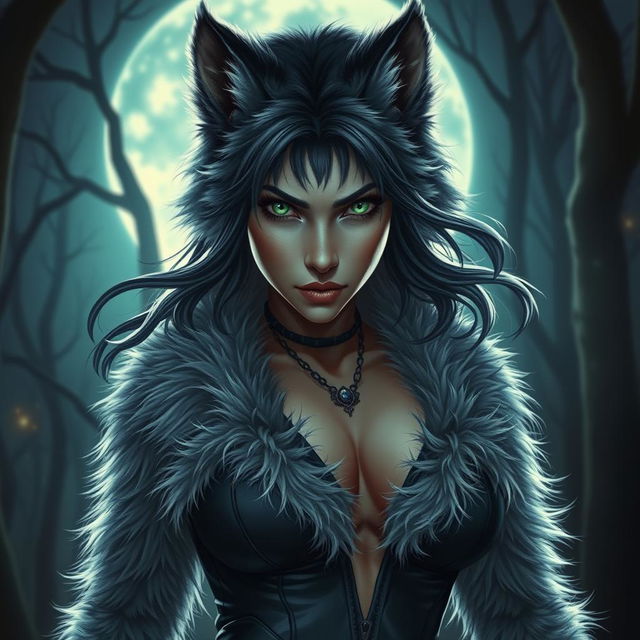 A captivating female werewolf with striking green eyes, exuding confidence and fearlessness as she roams the night