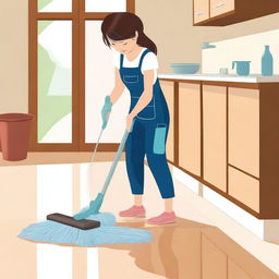 A high-quality digital art image depicting a scene of someone mopping the floor in a home setting