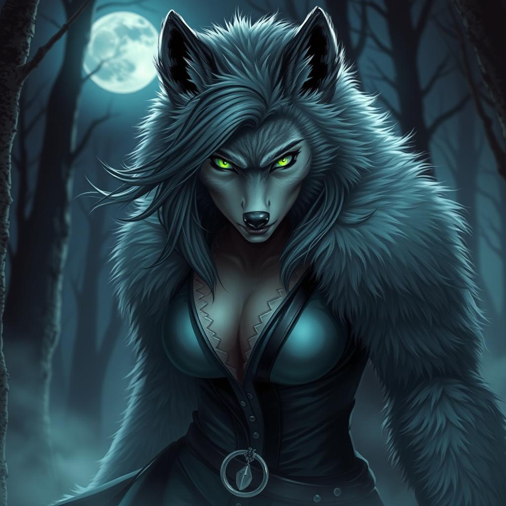 A fierce female werewolf with striking green eyes, exuding confidence and fearlessness as she roams the night