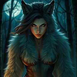 A fierce female werewolf with striking green eyes, exuding confidence and fearlessness as she roams the night