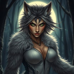 A fierce female werewolf with striking green eyes, exuding confidence and fearlessness as she roams the night