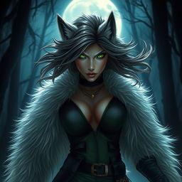 A fierce female werewolf with striking green eyes, exuding confidence and fearlessness as she roams the night