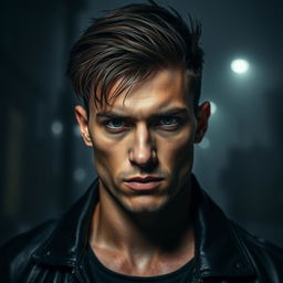 A 25-year-old man with an intense and haunting appearance, featuring smooth, cornea-less eyes that give him a blind, eerie look