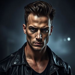 A 25-year-old man with an intense and haunting appearance, featuring smooth, cornea-less eyes that give him a blind, eerie look
