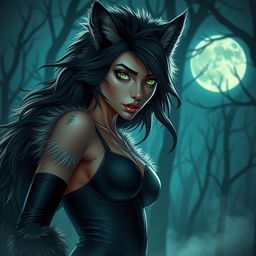 A striking slim female werewolf with vibrant green eyes, exuding confidence and fearlessness as she roams the night