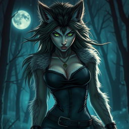 A striking slim female werewolf with vibrant green eyes, exuding confidence and fearlessness as she roams the night