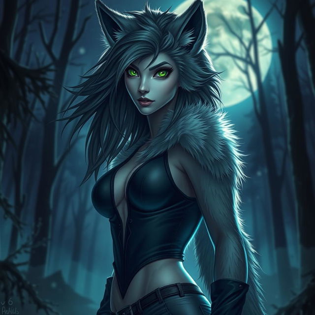 A striking slim female werewolf with vibrant green eyes, exuding confidence and fearlessness as she roams the night