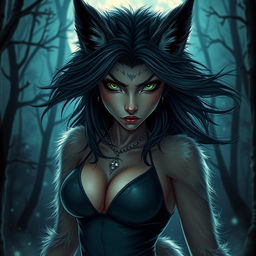 A striking slim female werewolf with vibrant green eyes, exuding confidence and fearlessness as she roams the night