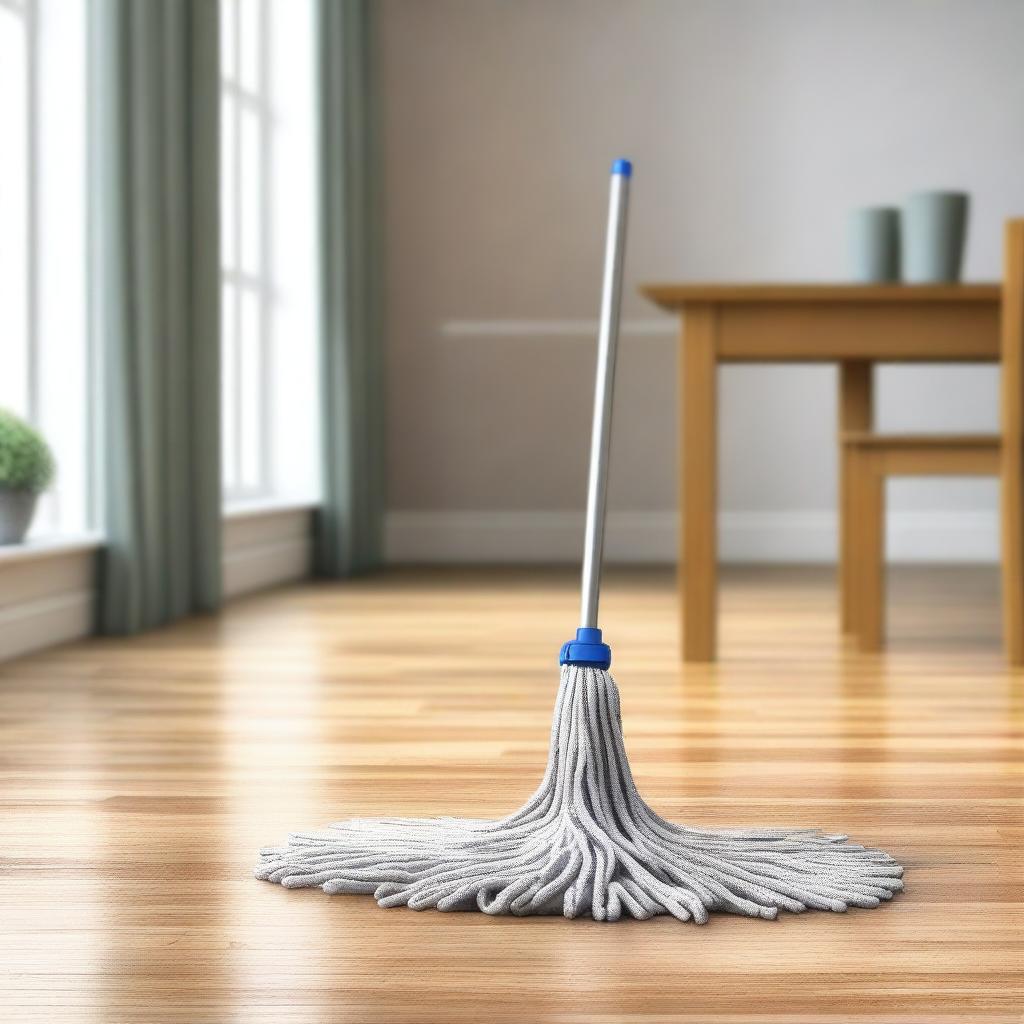 A high-quality digital art image depicting a mop with a cloth in a dining room setting