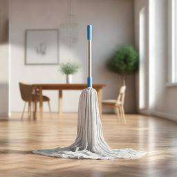 A high-quality digital art image depicting a mop with a cloth in a dining room setting