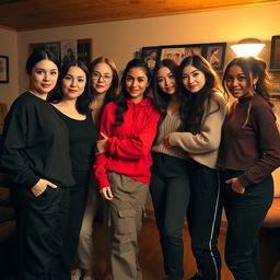 A cozy indoor scene featuring five women gathered together, illuminated by warm lighting and the bright flash of a camera