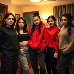 A cozy indoor scene featuring five women gathered together, illuminated by warm lighting and the bright flash of a camera