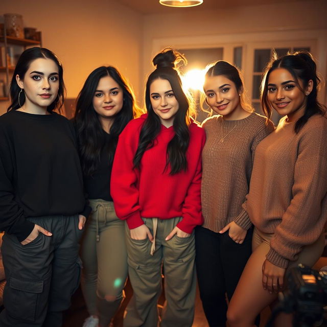 A cozy indoor scene featuring five women gathered together, illuminated by warm lighting and the bright flash of a camera