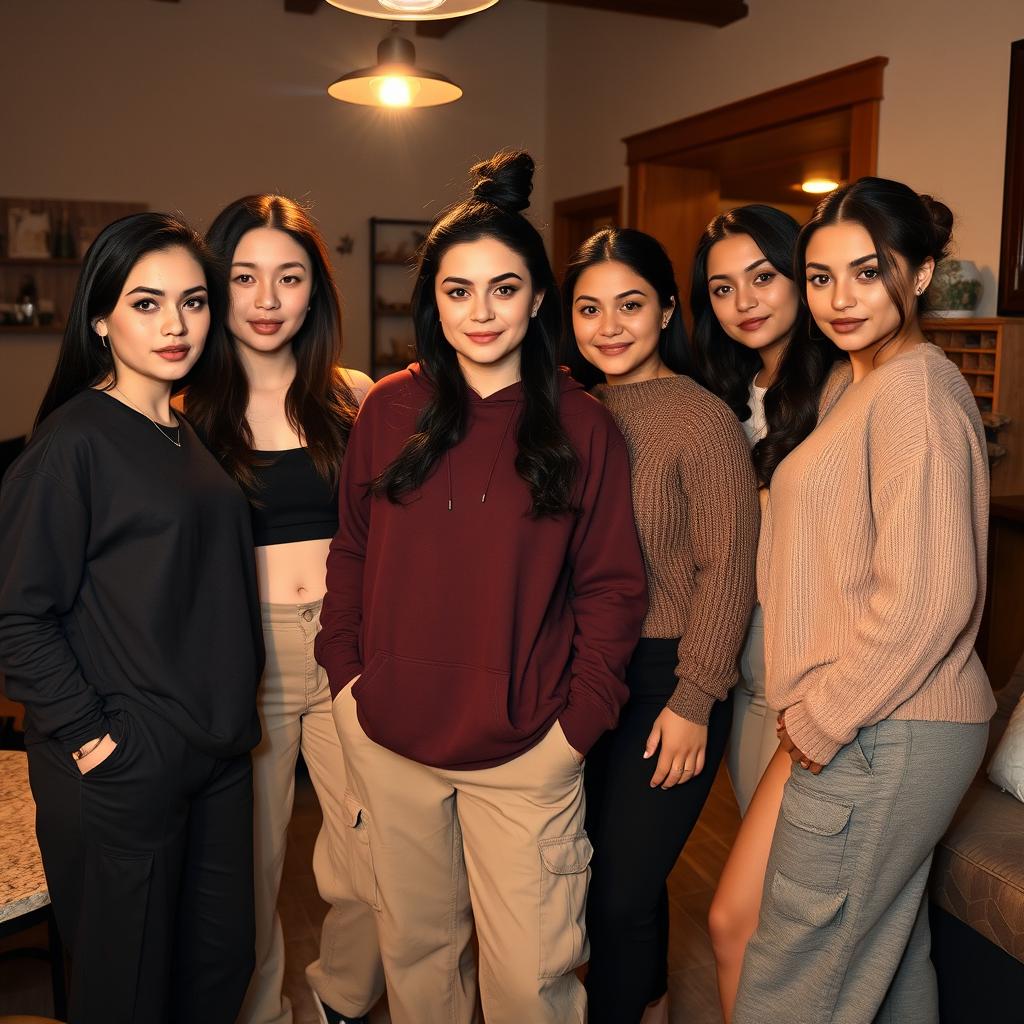 A cozy indoor scene featuring five women gathered together, illuminated by warm lighting and the bright flash of a camera